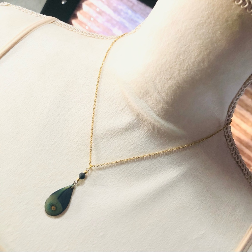 Handcrafted painted raindrop beaded pendant on chain necklace